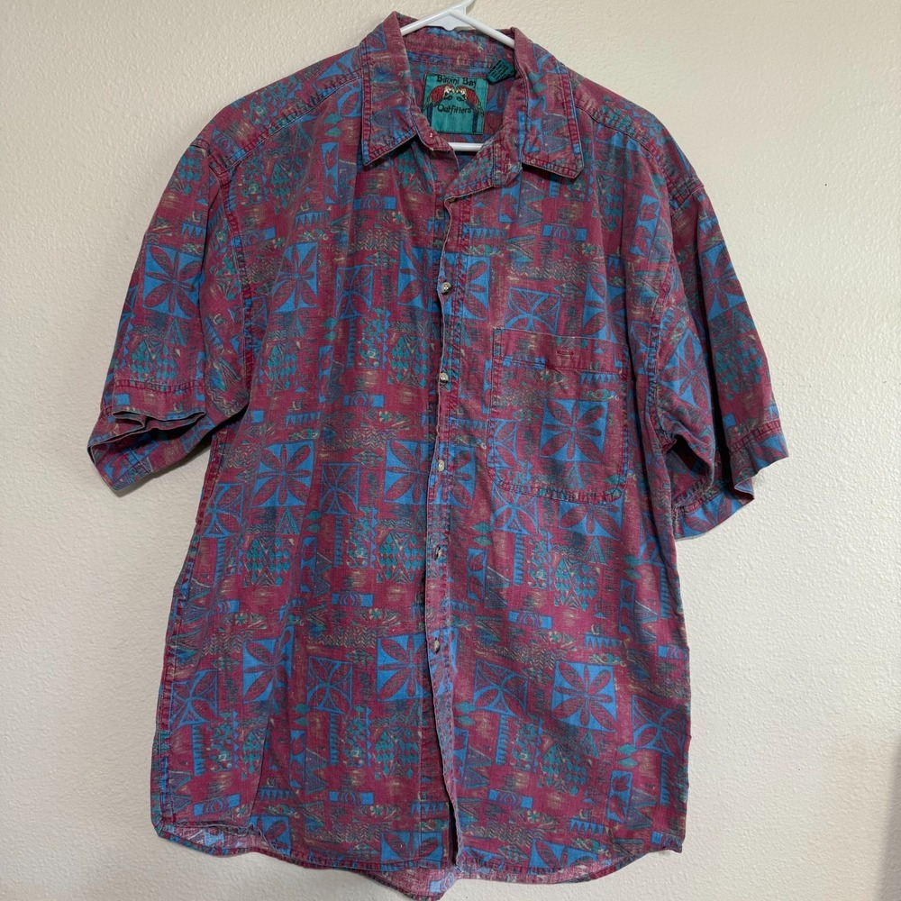 Bimini Bay Outfitters Hawaiian Shirt Men's Large Red Blue Short Sleeve‎ Casual